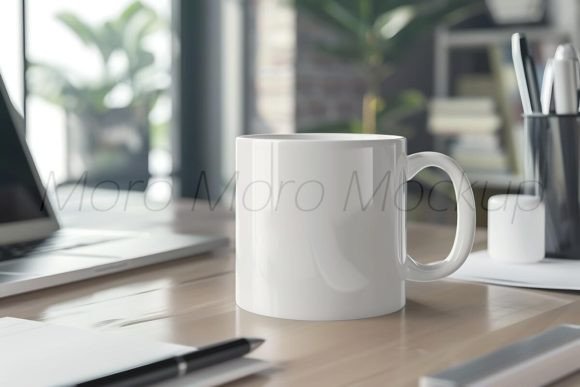White Coffee Mug on Woking Desk Mockup for Mugs Amp Graphics
