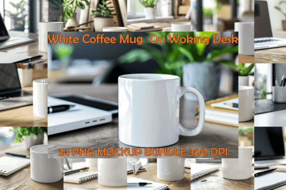 White Coffee Mug on Working Desk Mockup